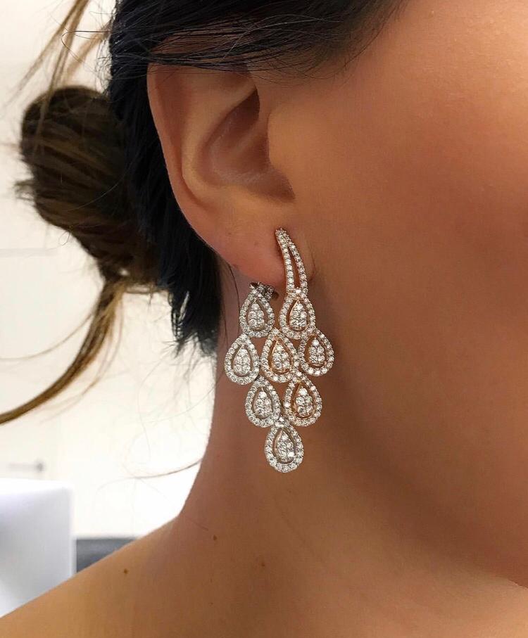 Rose Gold Teardrop Cluster Chandelier Earrings
