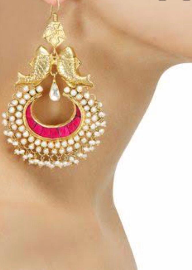 Traditional Gold Chandbali Earrings with Pearl Drops
