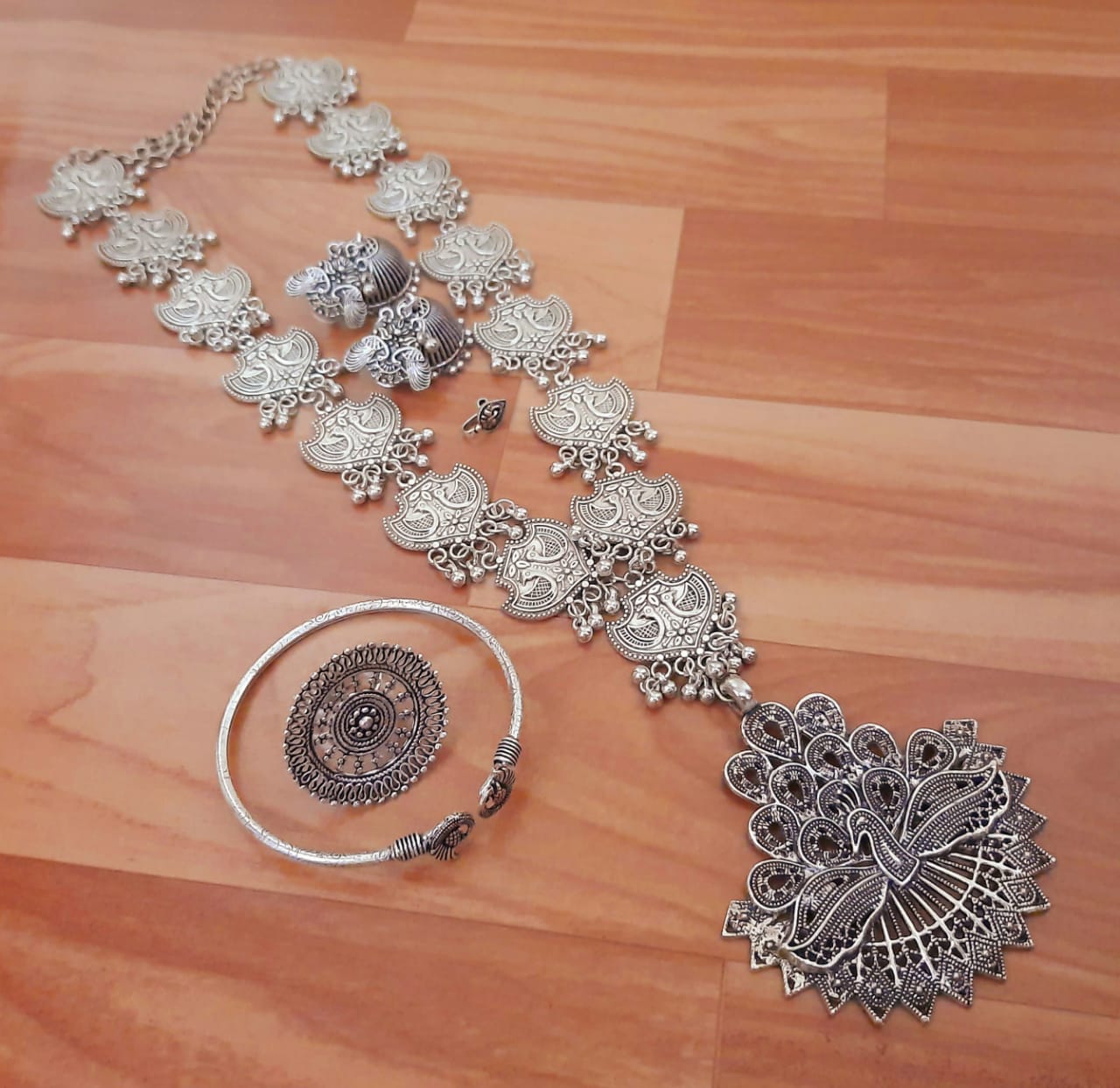 German Silver Paisley Long Necklace with Adjustable Kada