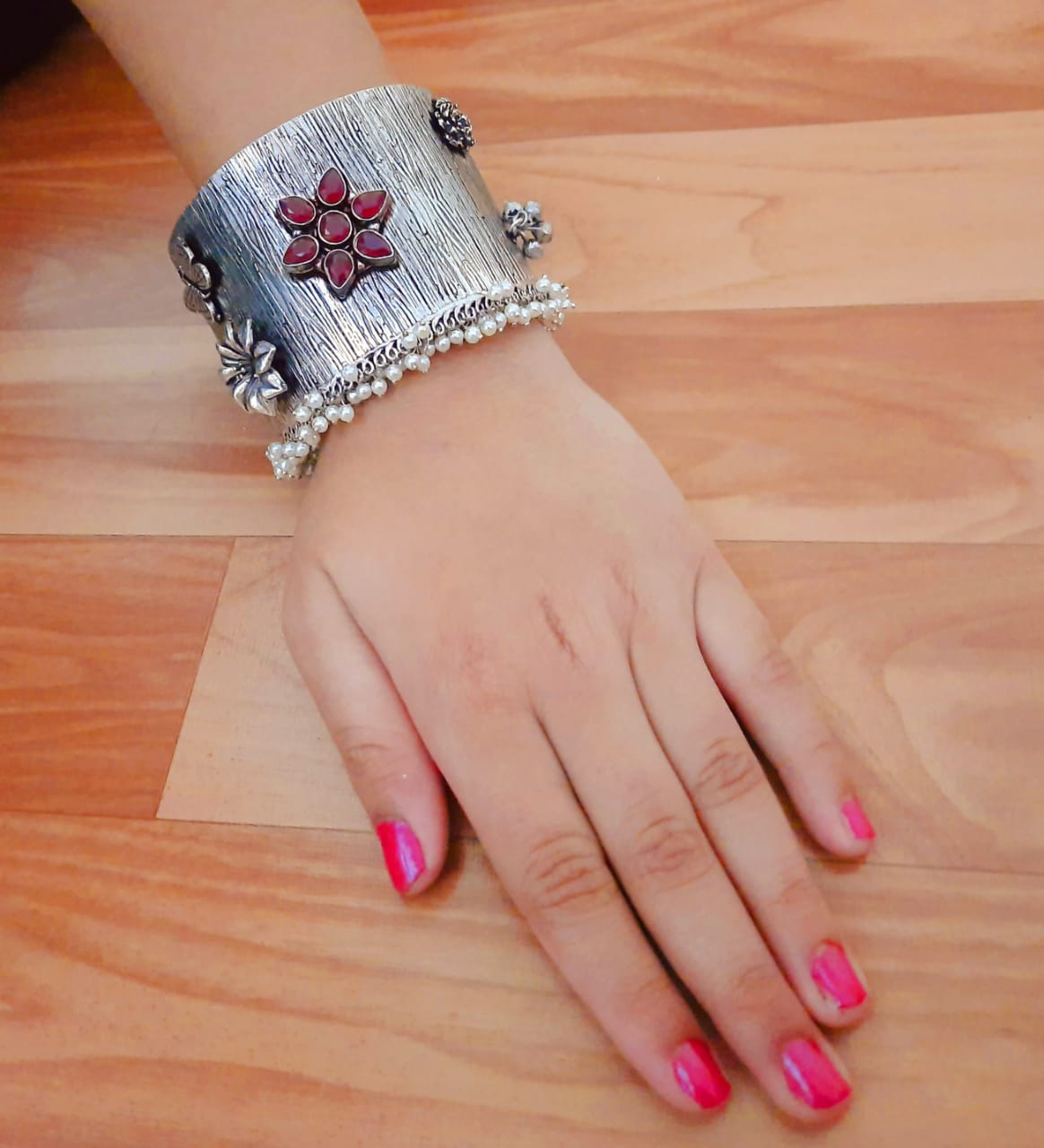 Oxidized Silver Floral Bracelet with Pearl Dangles