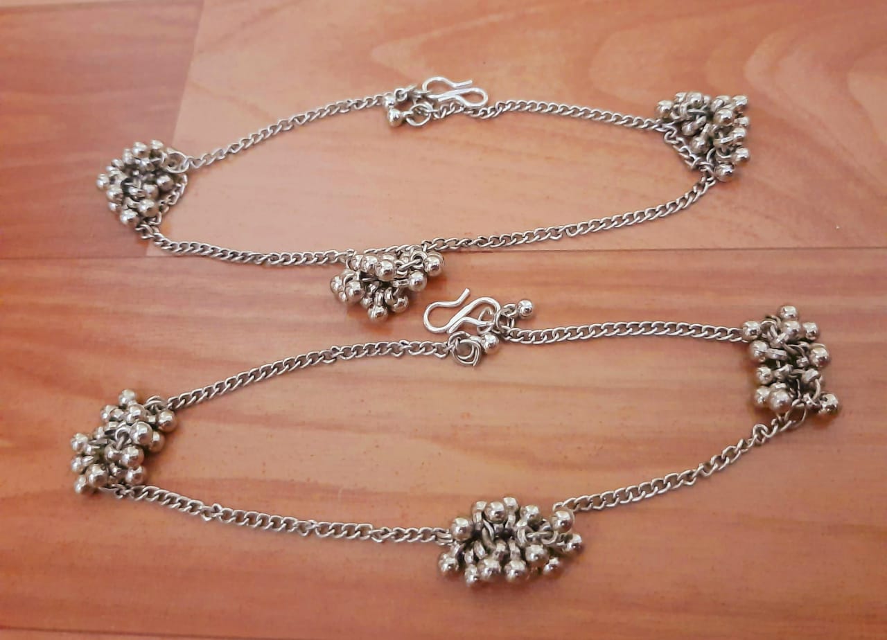 Traditional Silver Anklets with Floral Charms