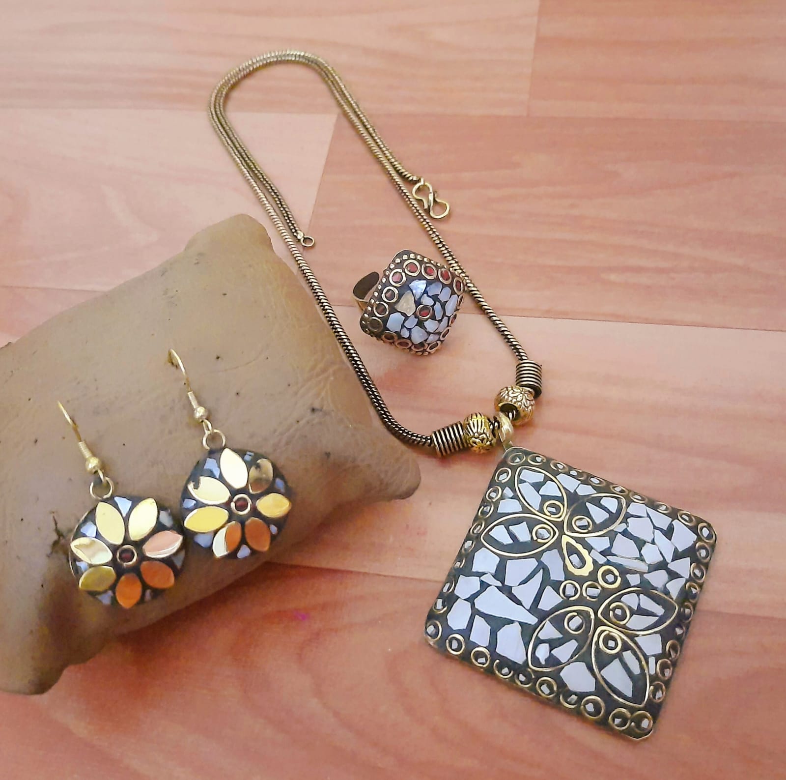 Mirror Work Floral Jewelry Set