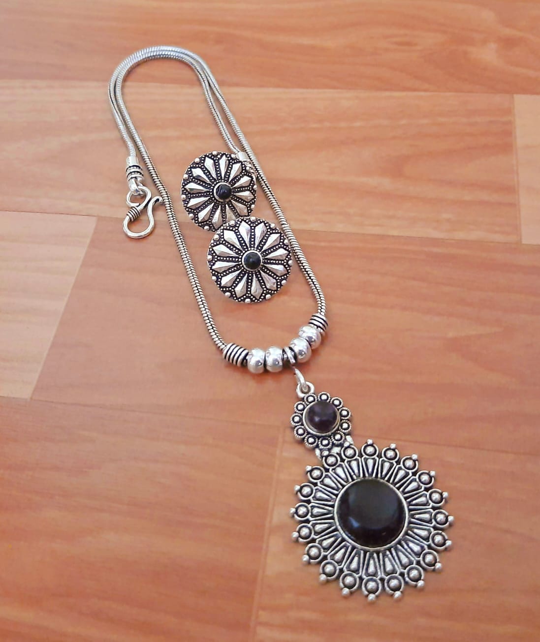 Oxidized Silver Floral Pendant Necklace