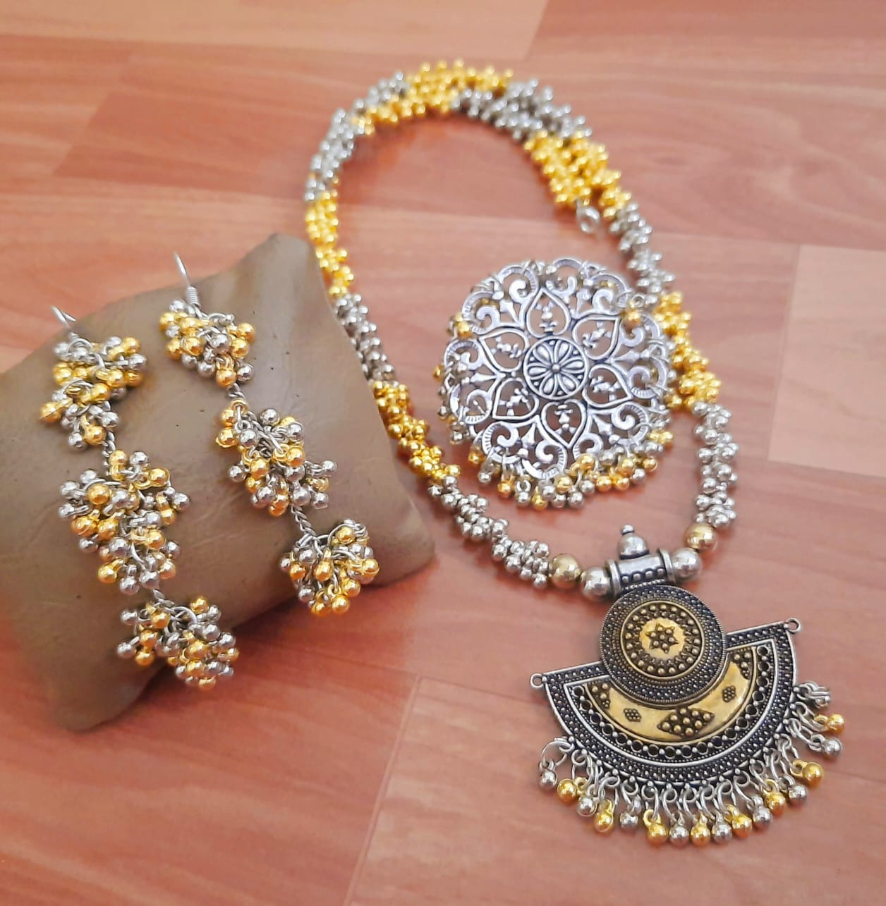 Traditional Gold & Silver Beaded Jewelry Set with Crescent Moon Pendant