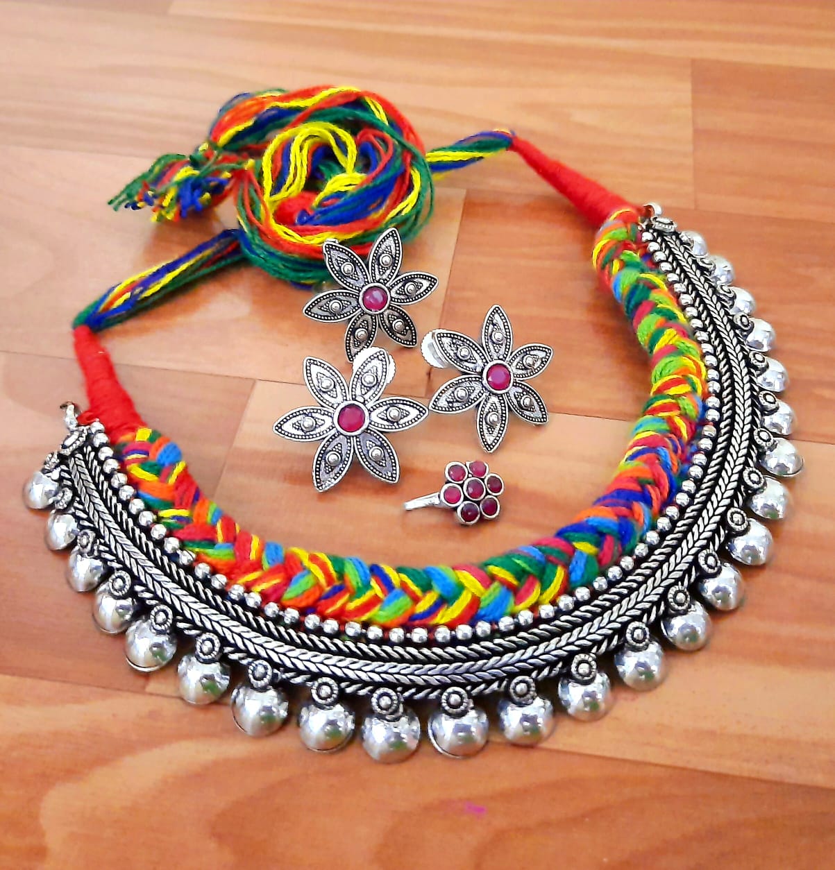 Vibrant Multi-Color Thread Silver Jewelry Set