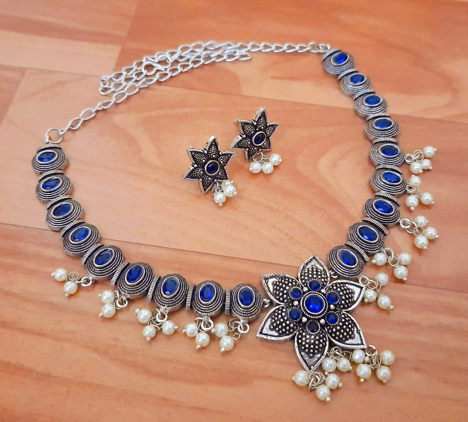 Ethnic Floral Necklace Set with Pearl Drops