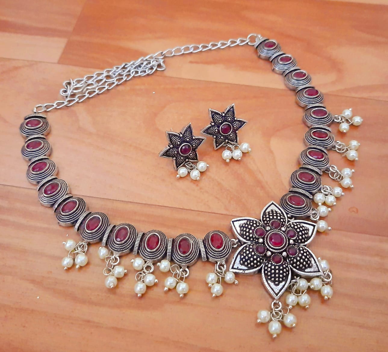 Ethnic Floral Necklace Set with Pearl Drops