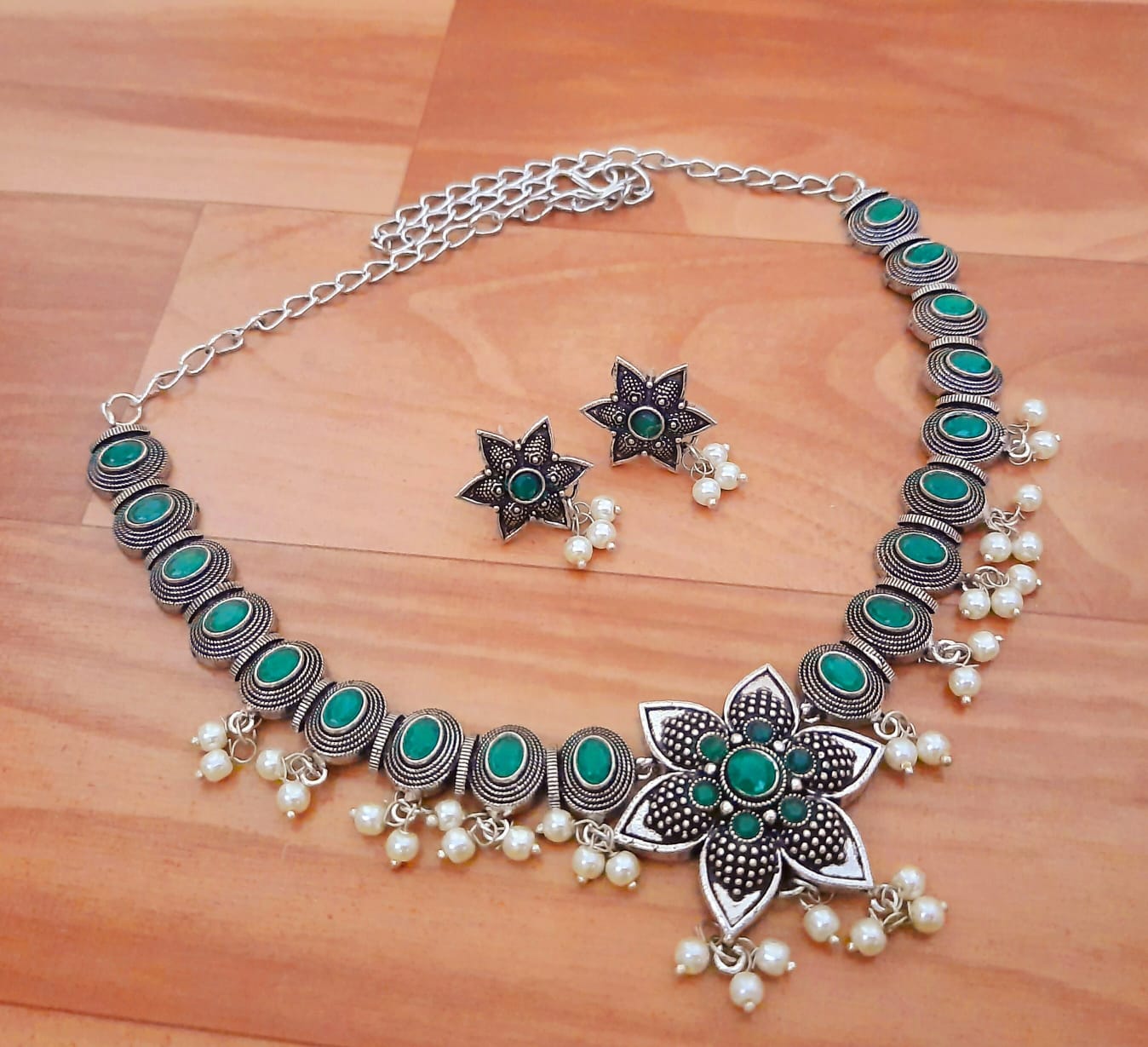 Ethnic Floral Necklace Set with Pearl Drops