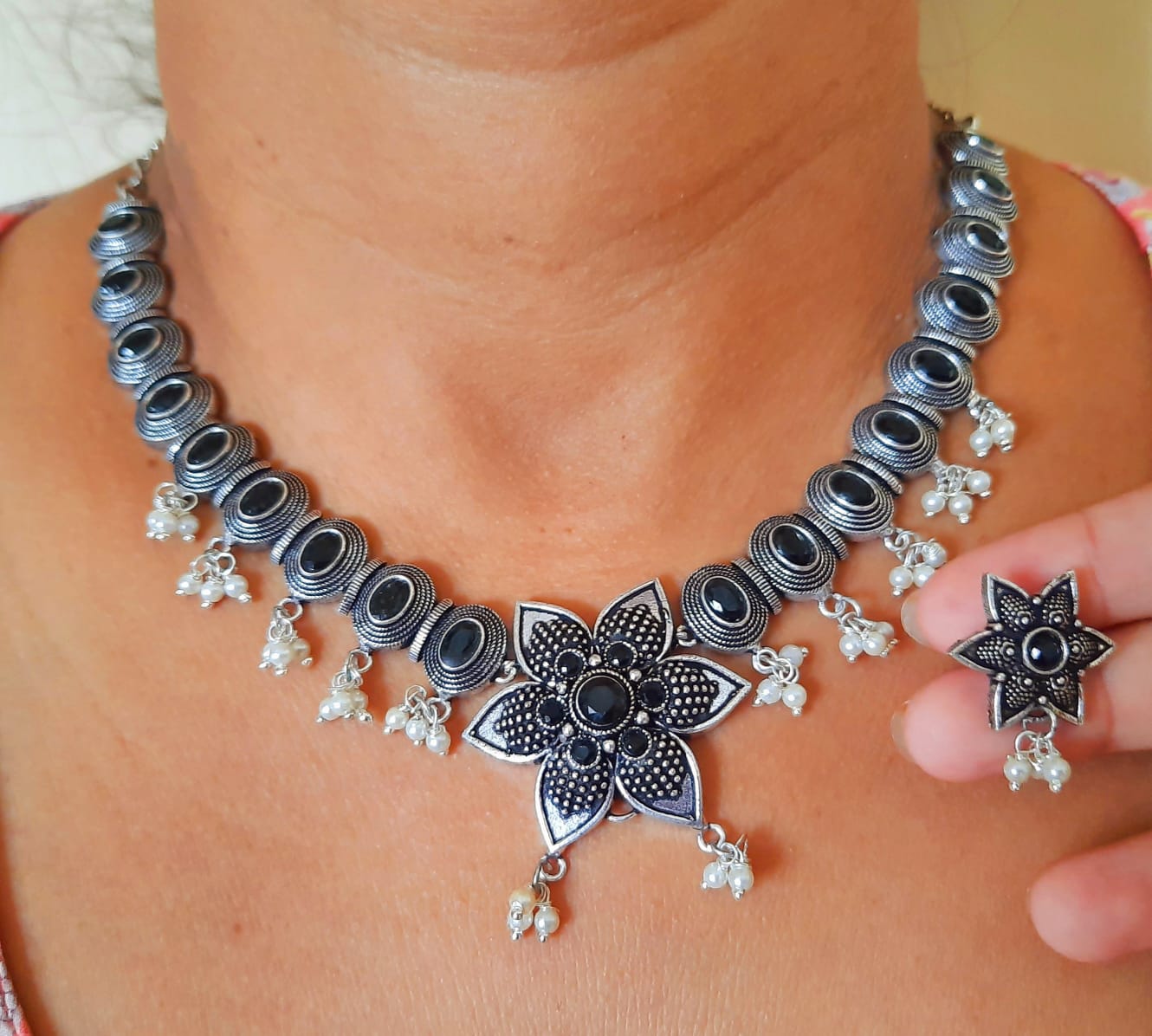 Ethnic Floral Necklace Set with Pearl Drops