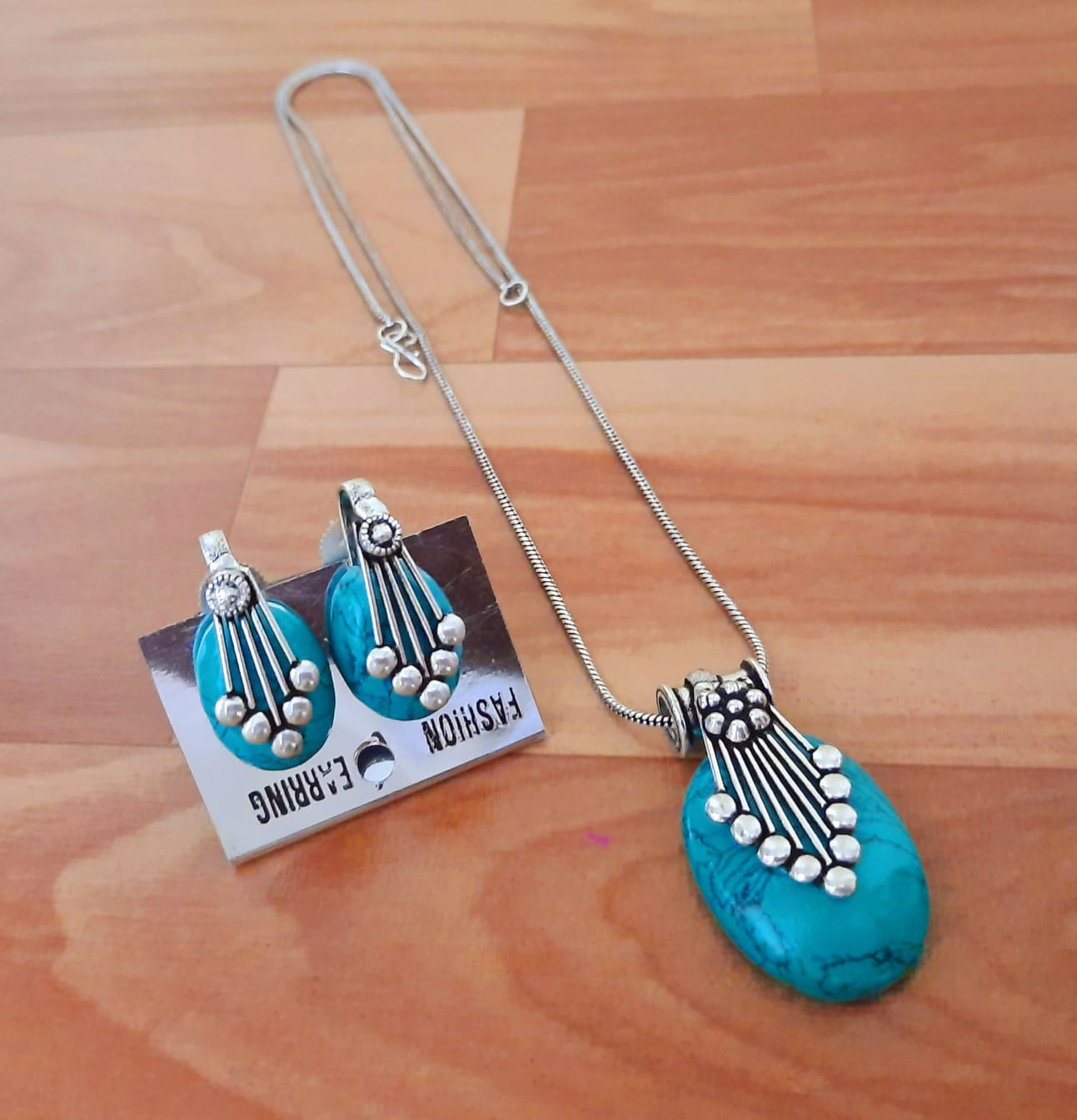 Ethnic Sterling Silver Gemstone Pendant Set with Earrings