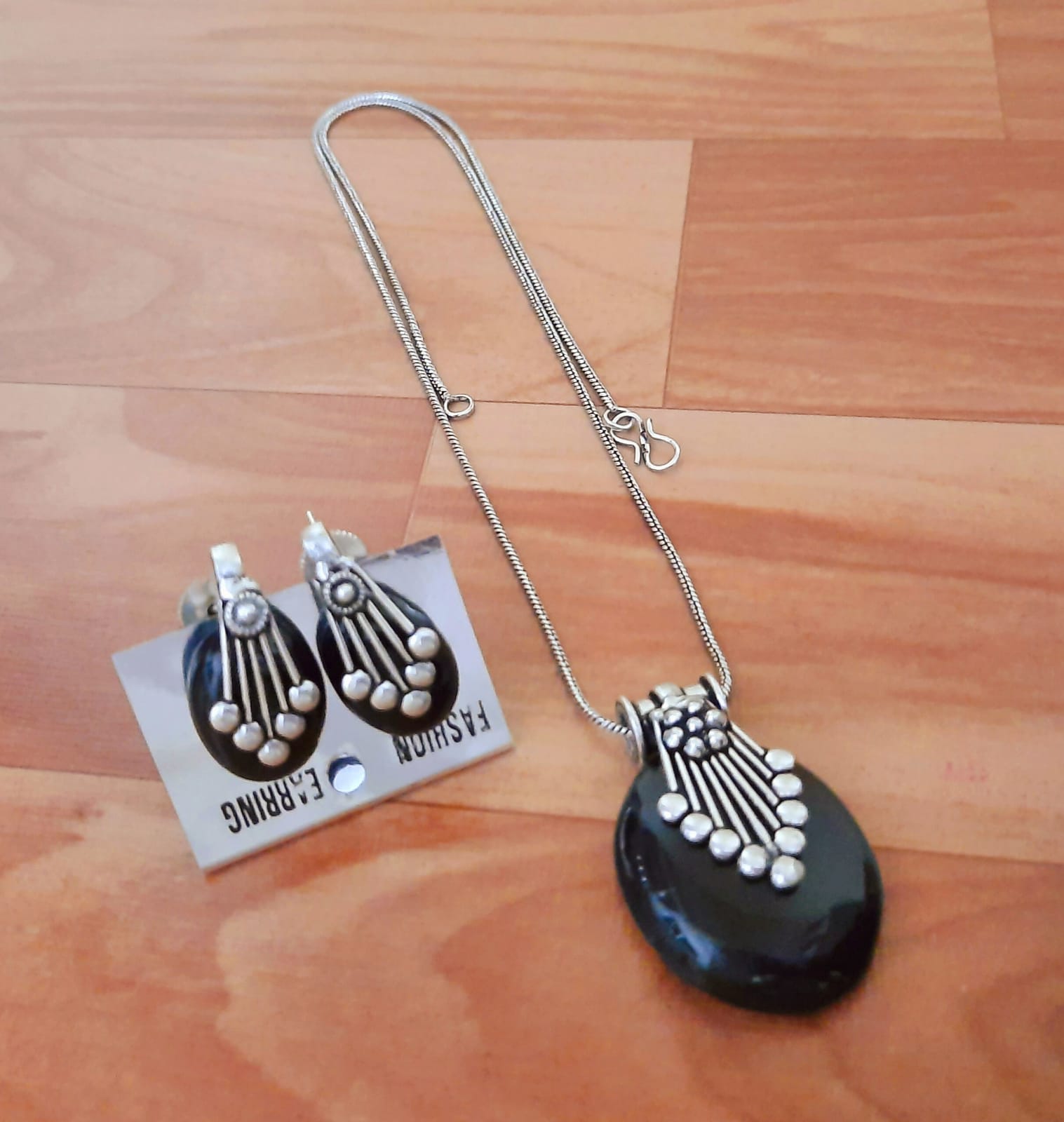 Ethnic Sterling Silver Gemstone Pendant Set with Earrings