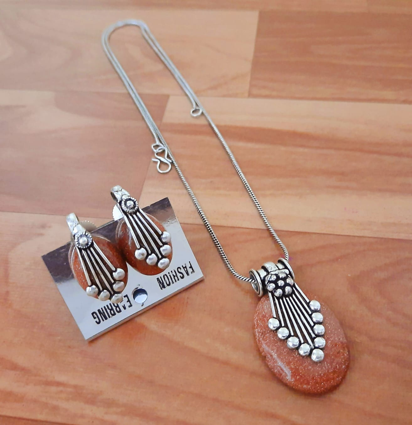 Ethnic Sterling Silver Gemstone Pendant Set with Earrings