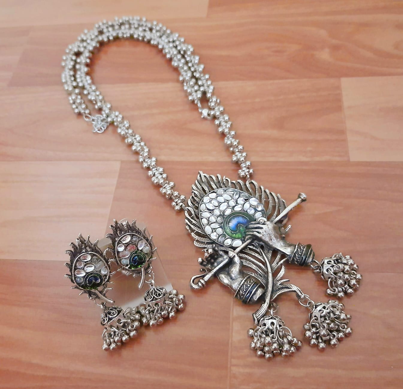 Traditional Silver Peacock Necklace Set with Earrings