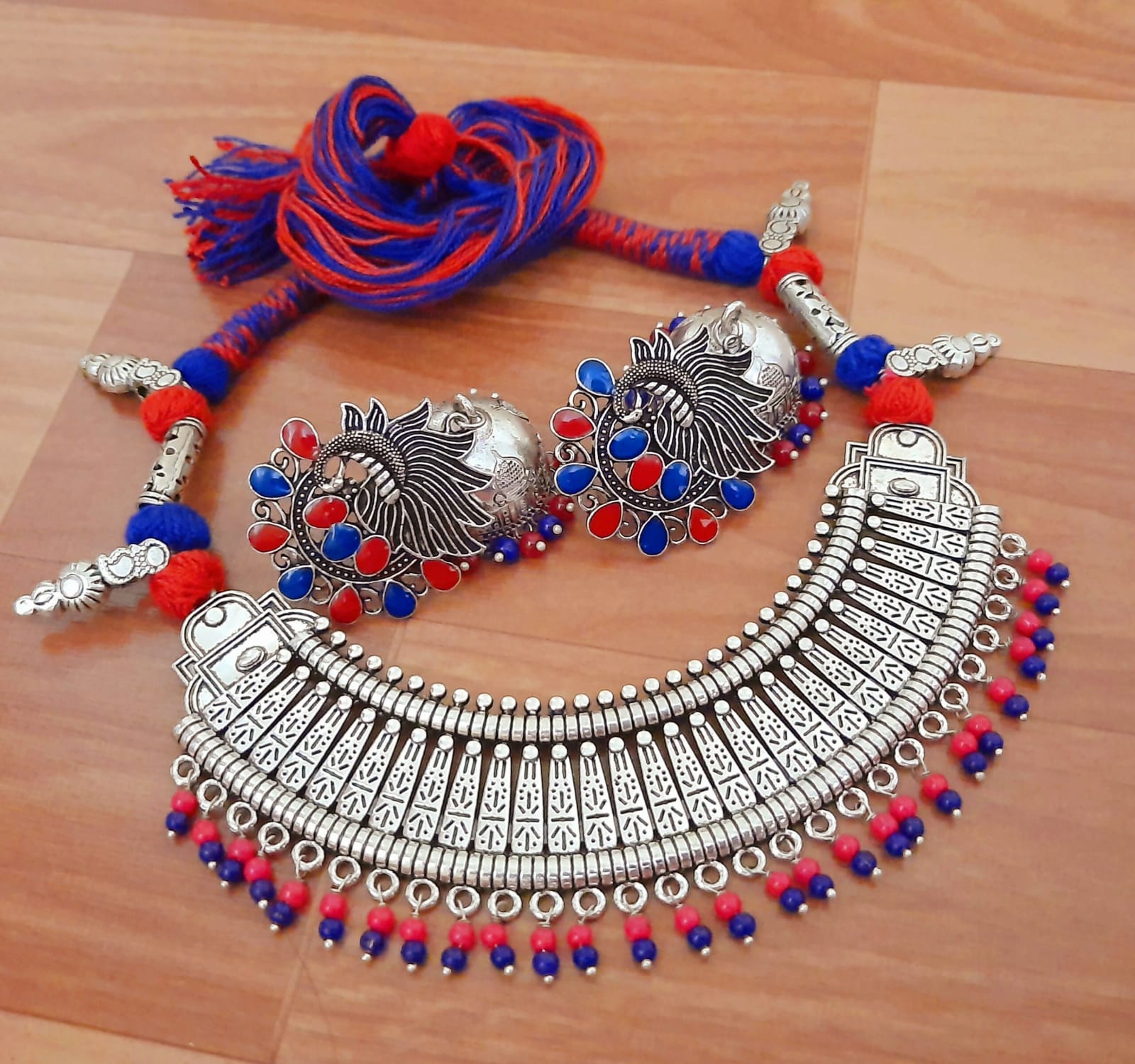 Traditional Silver Ethnic Jewelry Set with Colorful Thread Work