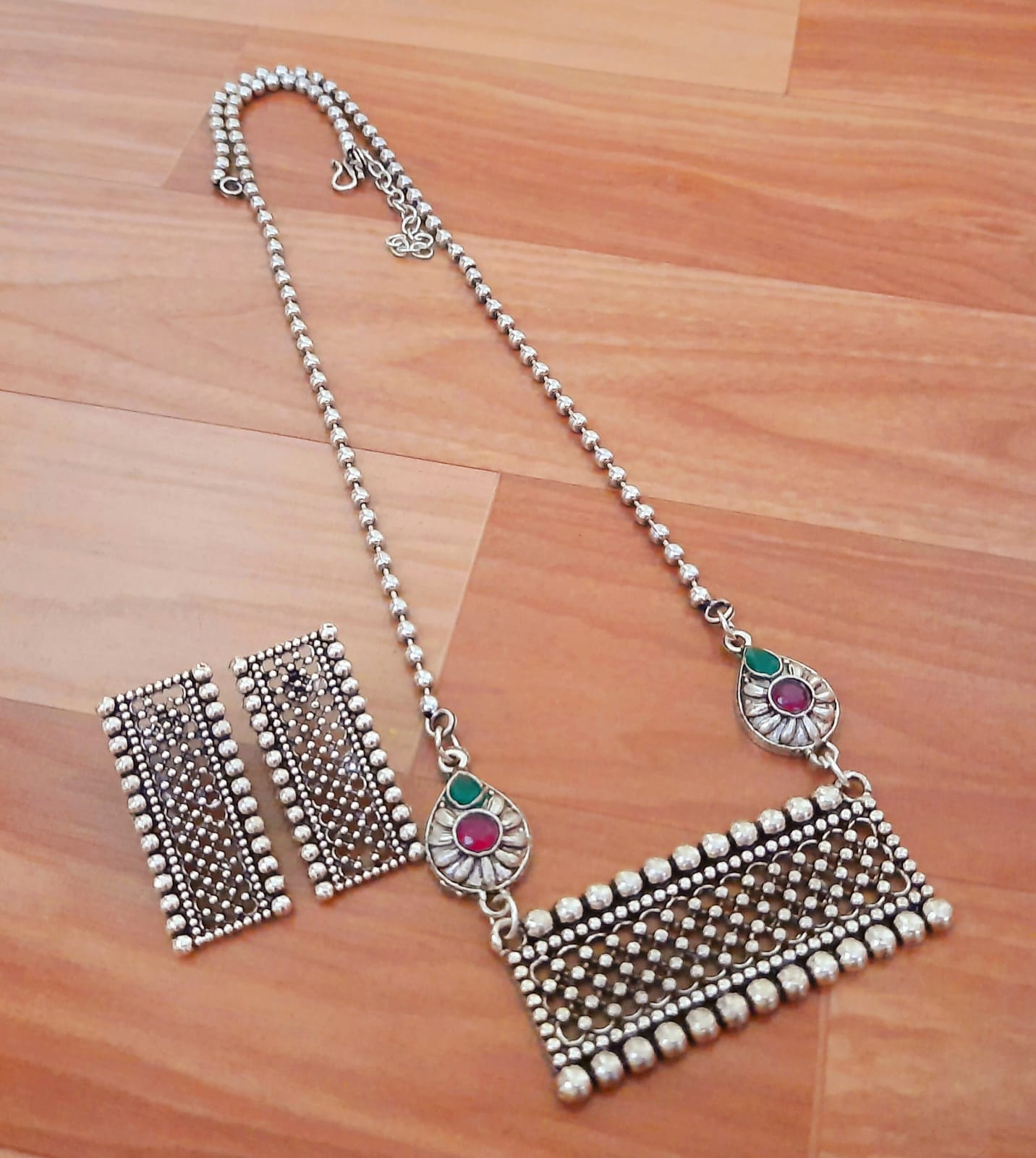 Oxidized Silver Beaded Choker Necklace Set