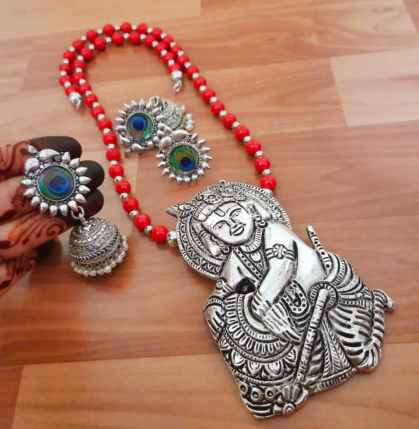Lord Ganesha Peacock Motif Jewelry Set with Jhumka Earrings