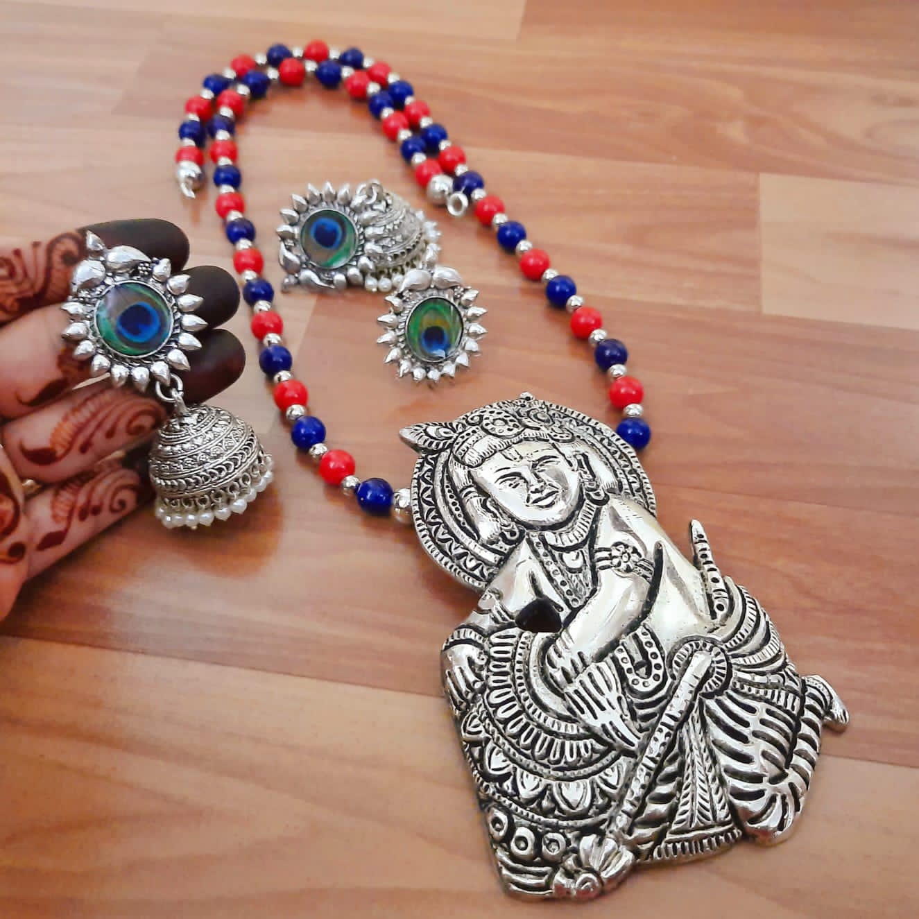 Lord Ganesha Peacock Motif Jewelry Set with Jhumka Earrings