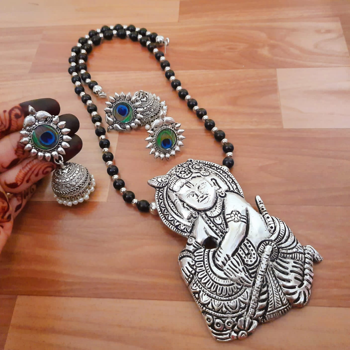 Lord Ganesha Peacock Motif Jewelry Set with Jhumka Earrings