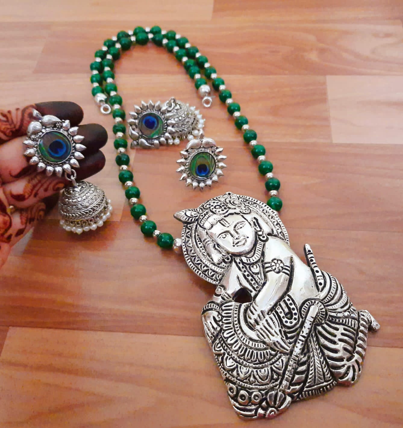 Lord Ganesha Peacock Motif Jewelry Set with Jhumka Earrings