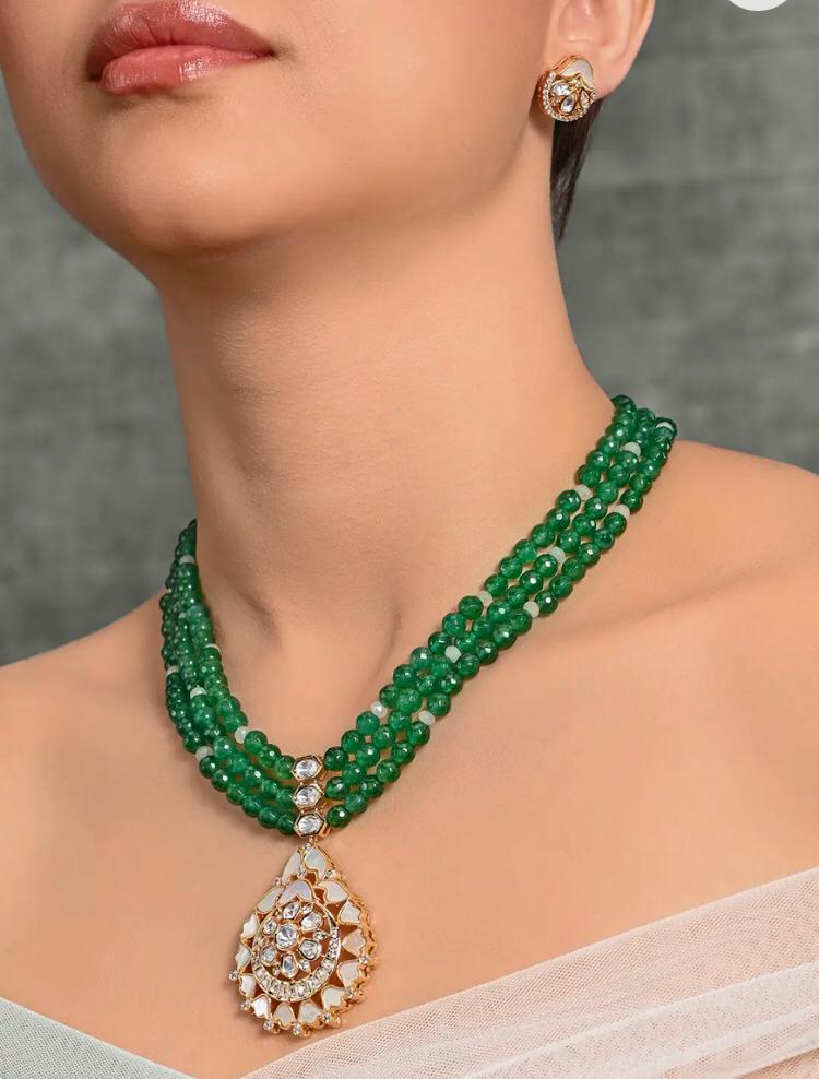 Emerald Green Beaded Necklace Set with Traditional Pendant