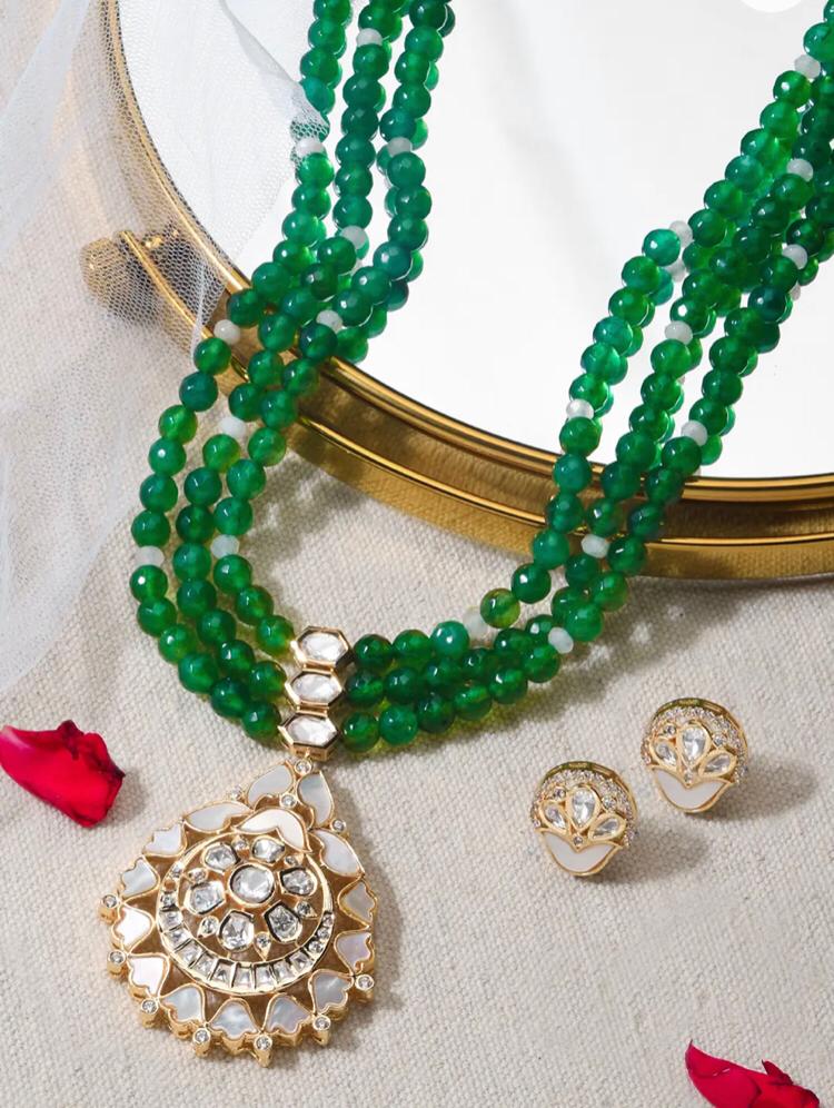 Emerald Green Beaded Necklace Set with Traditional Pendant