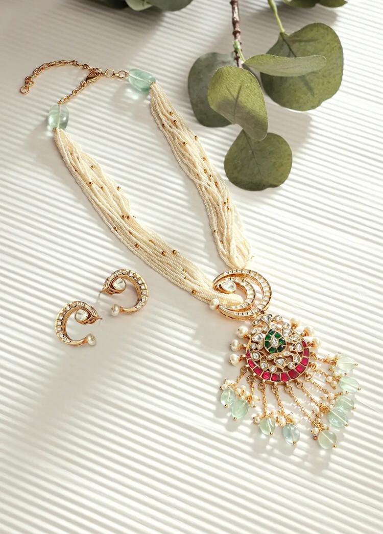 Royal Kundan Pearl Necklace Set with Emerald Accents