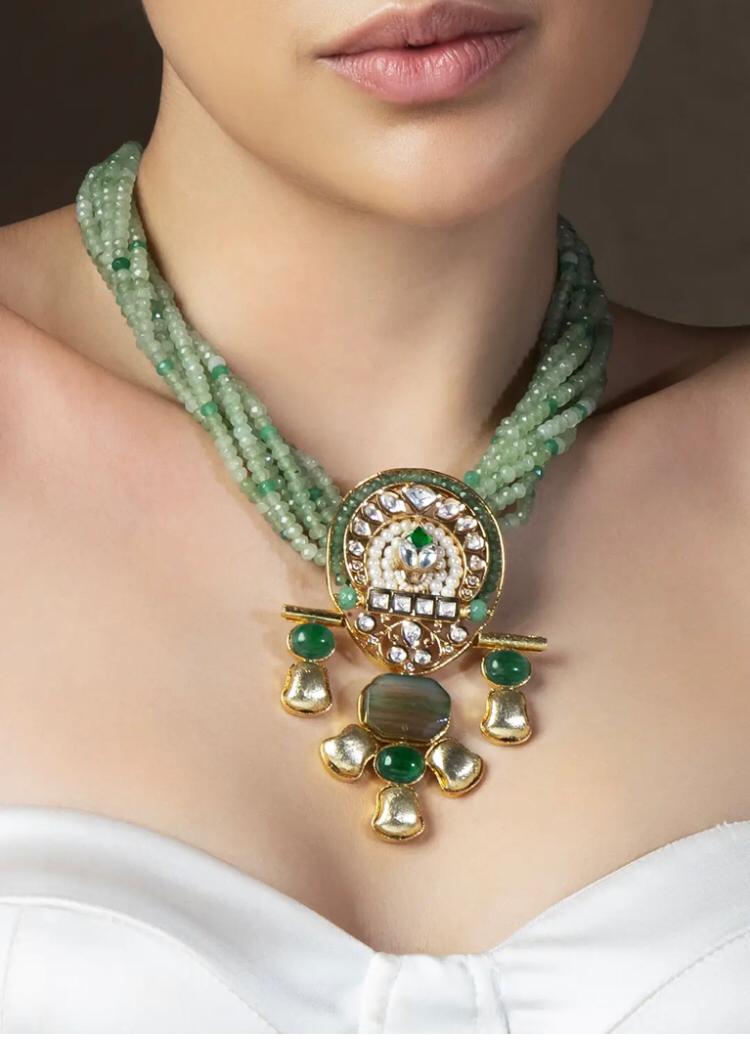 Green Beaded Traditional Necklace with Kundan Pendant