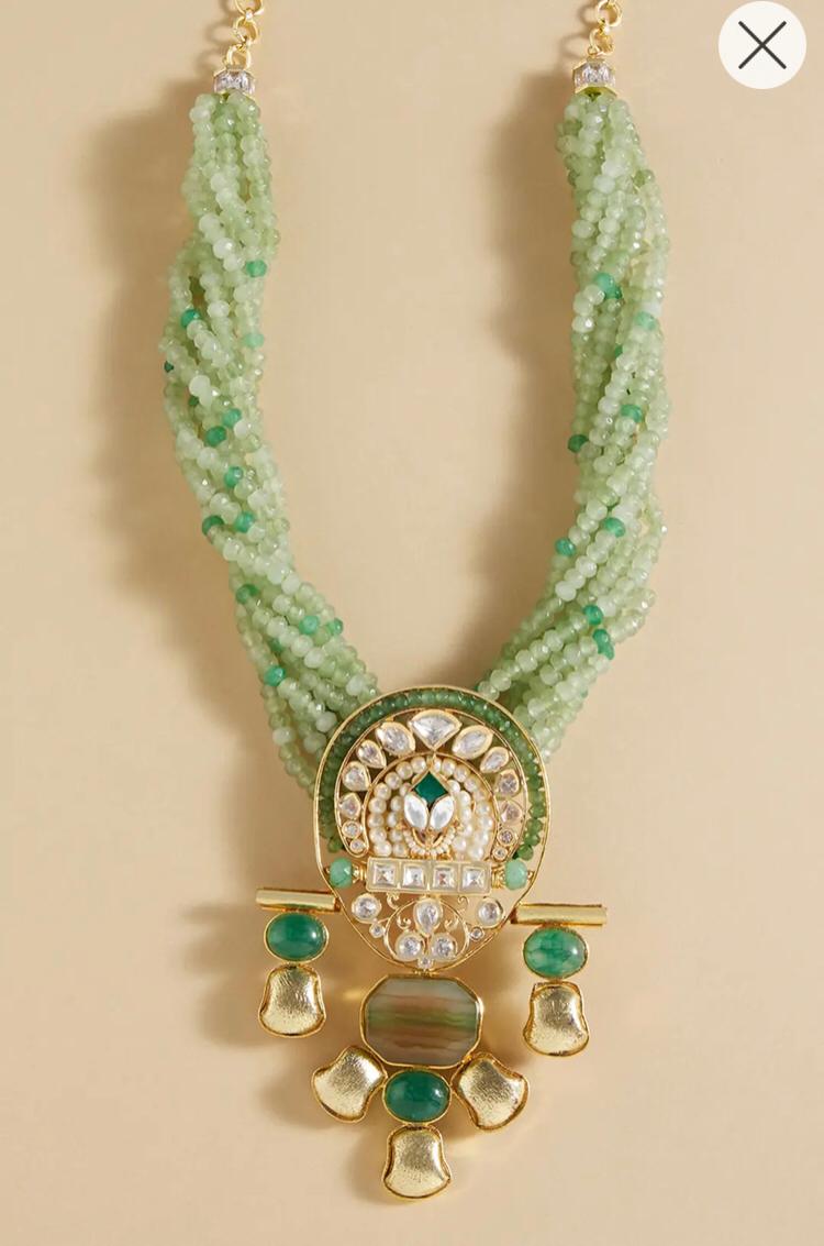 Green Beaded Traditional Necklace with Kundan Pendant