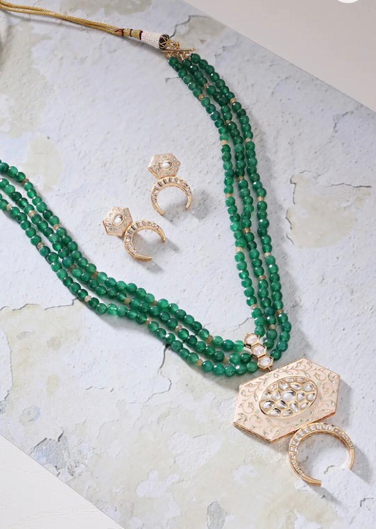 Emerald Green Beaded Necklace Set with Matching Earrings