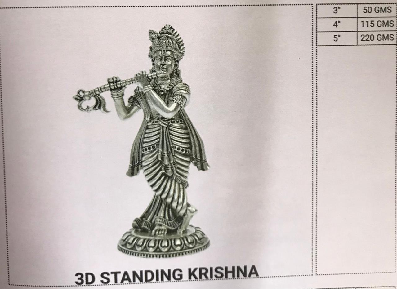 3D Standing Krishna - Silver Plated Flute Playing Deity
