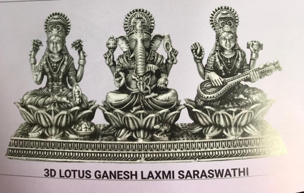 3D Lotus Ganesh Laxmi Saraswathi - Triple Deity Set