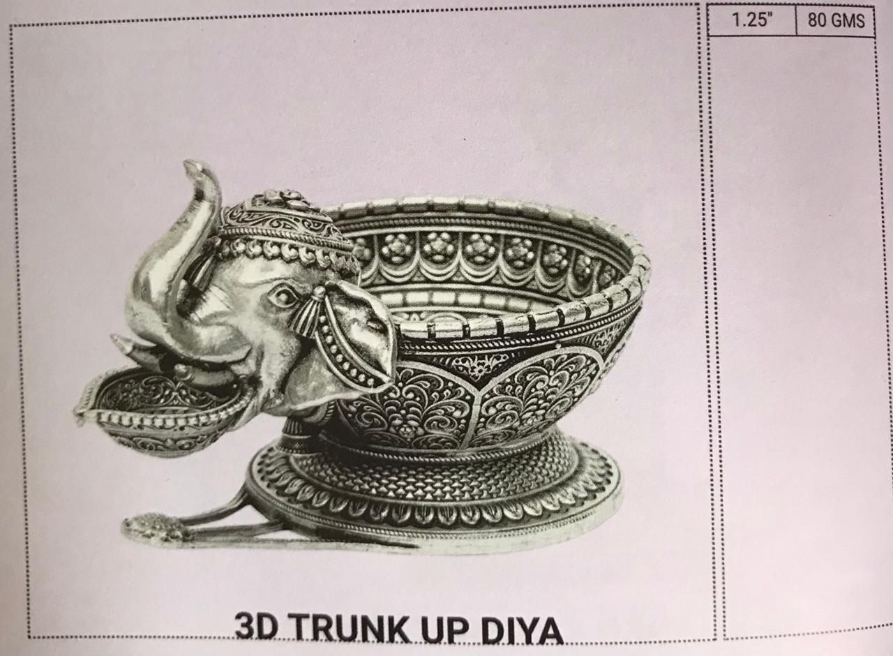 3D Trunk Up Diya - Silver Plated Elephant Oil Lamp